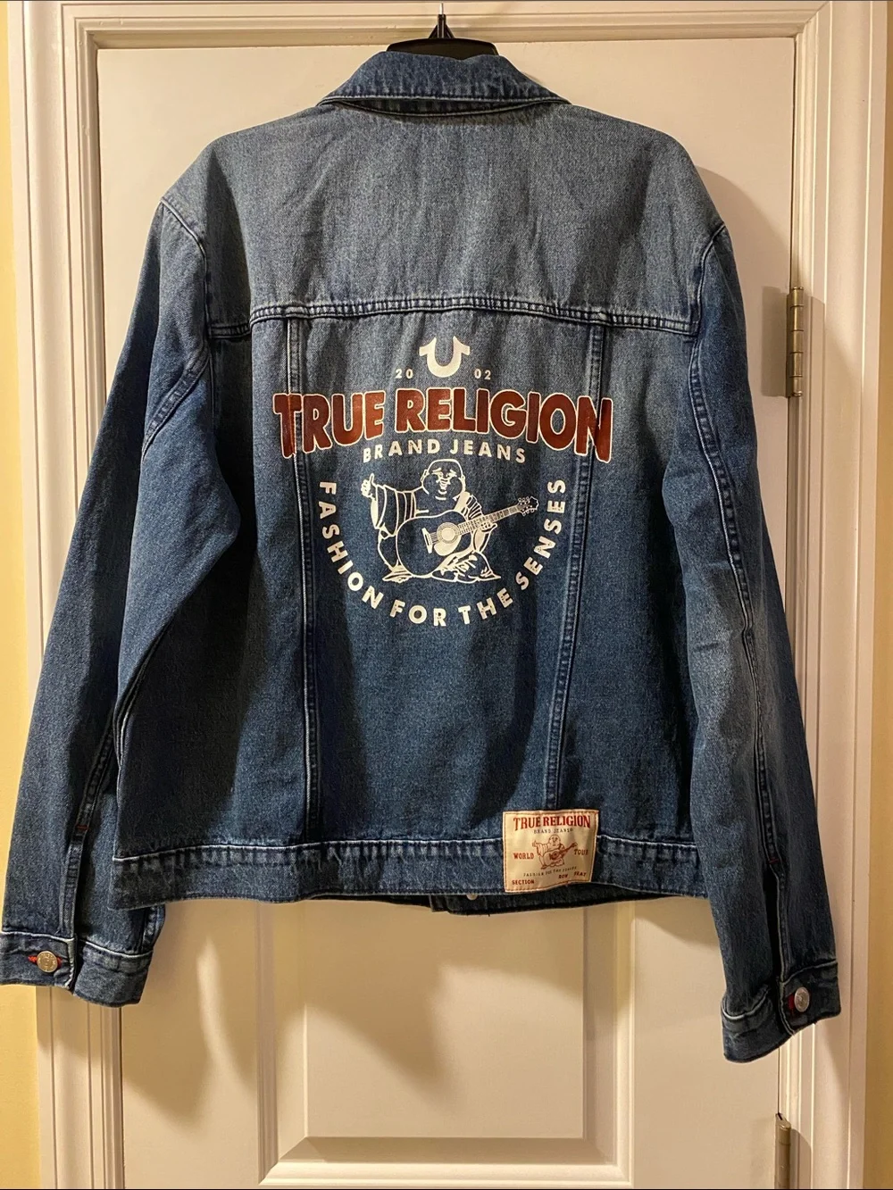 True Religion Cotton Stretch Logo Print Red Thread Blue Denim Jacket NWT